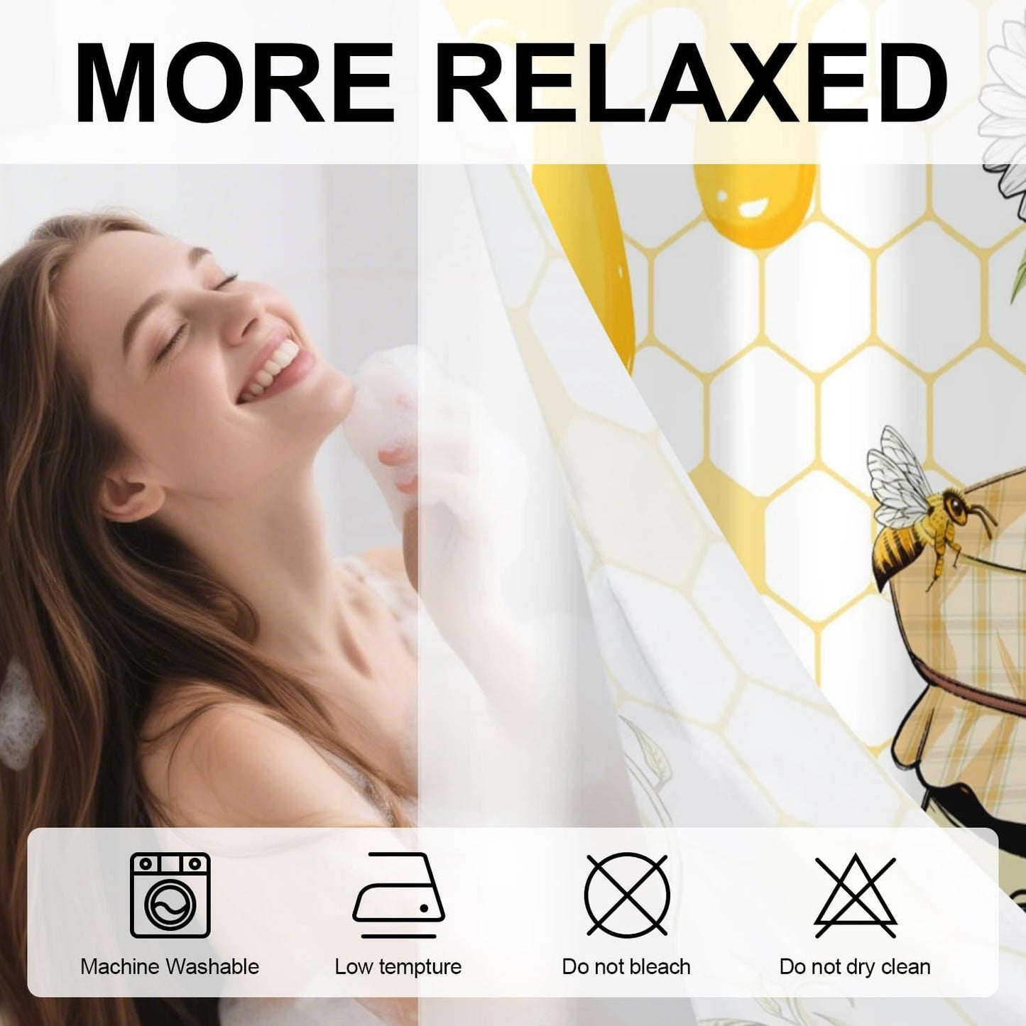 No Hook Bee Shower Curtain with Snap for Bathroom 71x74 Inch Cute Yellow Sunflower Shower Curtains in Liner Set Honey Jar Waterproof Fabric Double Layers Washable for Hotel Decorative