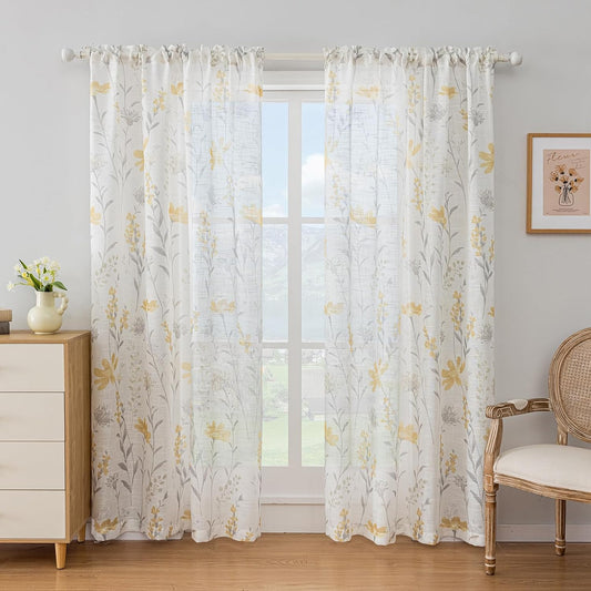 SUOUO Yellow Floral Semi-Sheer Curtains Linen Textured for Living Room Print Grey Leaves Light Filtering Boho Curtain for Bedroom Dining 84 inches Long 2 Panels Rod Pocket Sunflowers