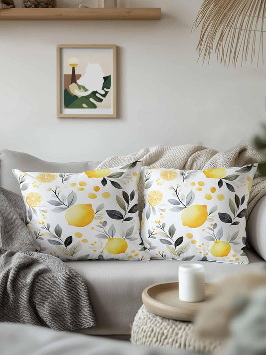 Summer Lemon 18x18 Waterproof Outdoor Throw Pillow with Insert, Watercolor Fruit Grey Leaf Patio Decorative Cushion for Outdoor Sofa Furniture, Porch Balcony Garden Pillow, 1 Pack