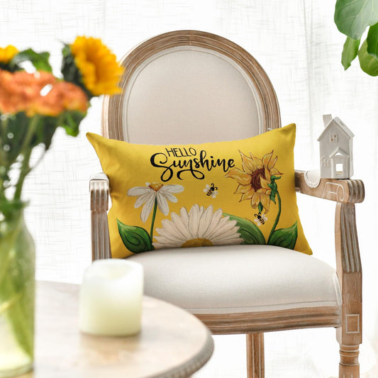 AVOIN colorlife Hello Sunshine Daisy Sunflower Bee Throw Pillow Cover, 12 x 20 Inch Summer Party Holiday Yellow Cushion Case Decoration for Sofa Couch