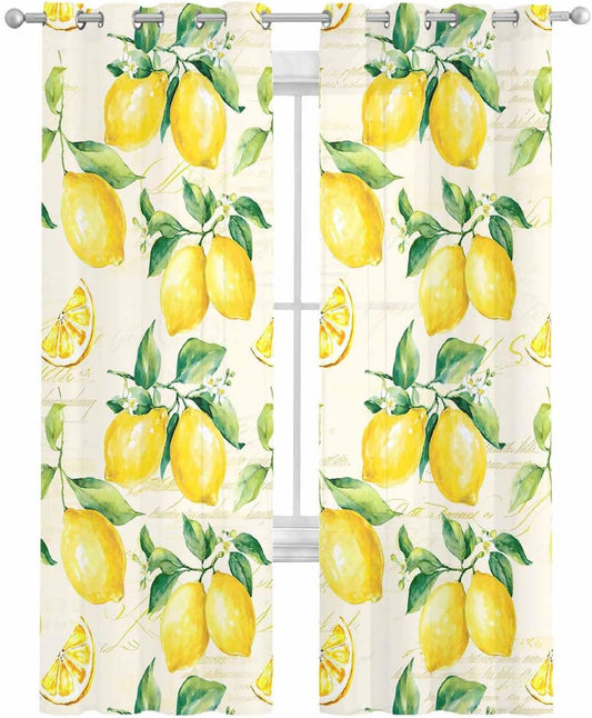 Yellow Lemon Sheer Curtains 90 Inch Length 2 Panels Set Summer Fruit Green Retro Farmhouse Leaf Curtain Drapes for Kitchen/Bedroom/Living Room/Doorway/Sliding Glass Door/Bathroom Window Panel 52x90