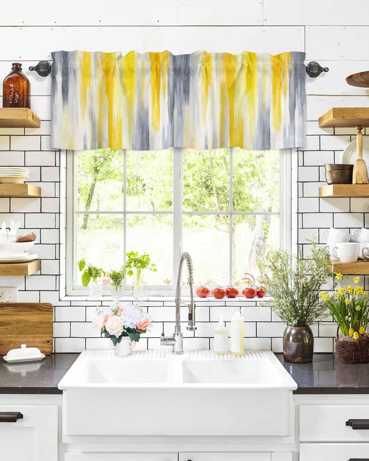 Abstract Valances for Windows/Bedroom/Living Room/Kitchen/Cafe, Retro Country Gray Yellow Semi Small Curtain Drapes Rod Pocket Light Filtering Window Treatment, 54" x 18"
