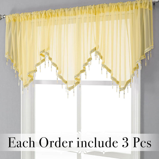 WUBODTI Yellow Sheer Valance Curtains for Living Room Windows, Boho Crystal Beaded Tassel Triangle Kitchen Curtains Lace Swag Curtain Valance for Bedroom Bathroom Door Decor,3PCs, Each W51 x L24