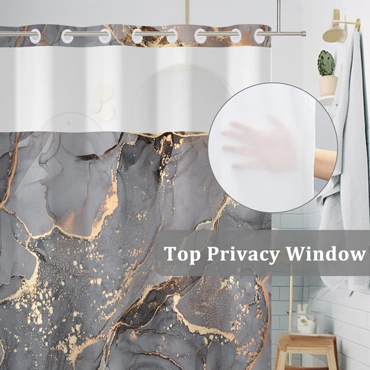 Gray Yellow Marble No Hook Shower Curtain with Snap in Liner Stylish Texture Shower Curtains for Luxury Hotel Grade Spa Bathroom Decor Double Layer Bathtubs Hotel Curtain Set 71x74 Inch