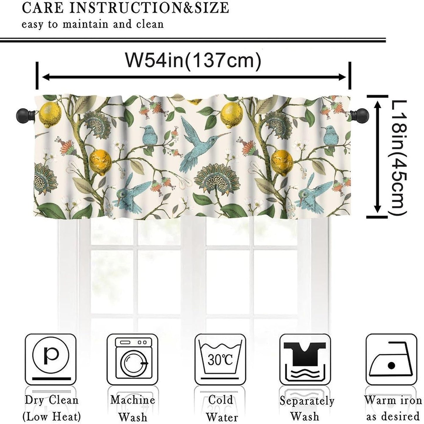 Retro Lemon Kitchen Valance, Summer Blue Birds Lemon Tree Nature Botanical Plants Flowers Hummingbird Spring Print Short Blackout Window Curtain for Cafe Restaurant, 54x18inch