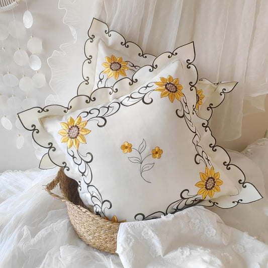 Sunflower Embroidery Throw Pillow Cover Yellow Floral Pillowcase Jacquard Ruffle Cushion Cover,French Shabby Vintage Design 18x18 Inch