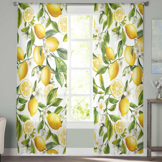 Lemon Sheer Curtains 72 Inch Length 2 Panels Set, Summer Garden Fruit Lemon Slice and Leaves Semi Transparent Voile Rod Pocket Curtains for Living Dining Room Bedroom Drapes