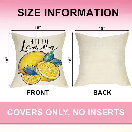 Hello Summer Lemon Decorative Throw Pillow Covers 18 x 18 Set of 4, Summer Vibes Fruit Pink Yellow Cushion Case Decor, Seasonal Home Decoration for Sofa Couch