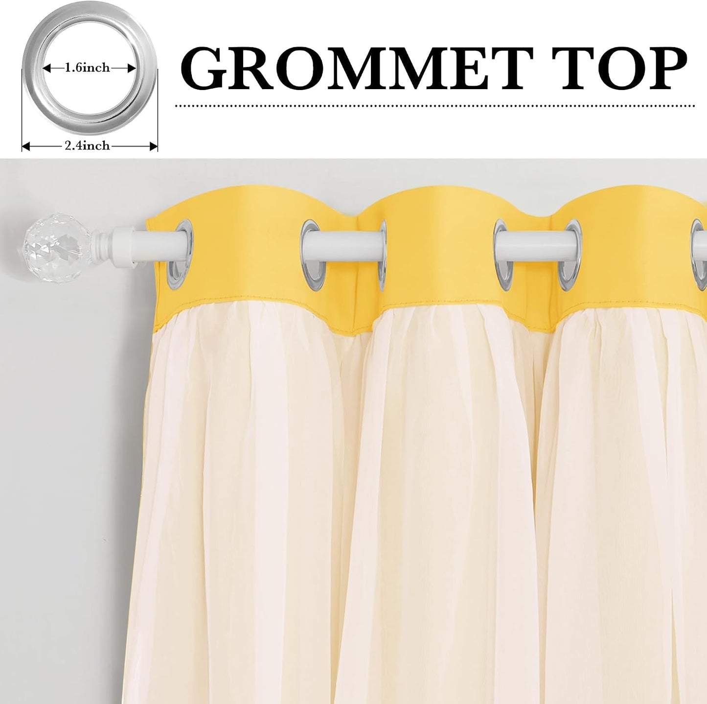 PONY DANCE Lemon Yellow Blakcout Curtains with White Sheer Overlay for Bedroom, Double Layer Grommet Drapes 84 Inches Long for Nursery/Living Room, 2 Panels Set with 4 Tiebacks, 52" W x 84" L