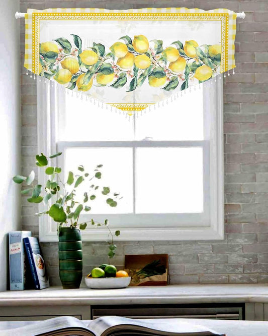 Beaded Sheer Valances for Windows, Yellow Lemon Farmhouse Tassel Bead Trim Bedroom Valance, Summer Botanical Plaid Elegant Pastoral Light Filtering Curtains Valances for Kitchen/Cafe, 52"x18", 1 Panel