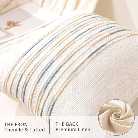 Boho Throw Pillow Covers 18x18 Set of 2 Farmhouse Decorative Cushion Case Striped Square Pillows Cover Chenille Pillow Cases Accent Neutral Pillowcase for Sofa Couch Bed,Yellow-Blue