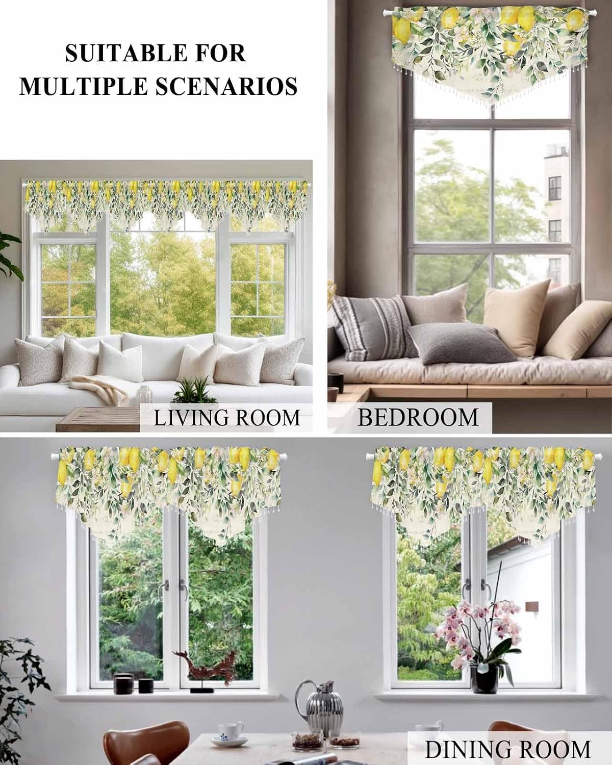 Summer Lemon Floral Beaded Sheer Curtains for Windows, Rod Pocket Triangle Semi Sheer Swag Valance Sage Green Eucalyptus Leaves Botanical Tassel Bead Trim Toppers Window Treatment Panel 52''x18'' 1PCS