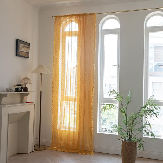 Yellow Lace Curtain for Living Room & Bedroom 108 Inches Long Boho Sheer Crochet Vintage Tassel Window Treatment Rod Pocket Light Filtering Privacy Drape, 1 Panel, 59" W x 108" L