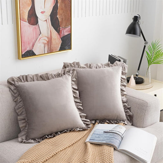 MOJUN Ruffled Throw Pillow Covers 18x18 Inch Set of 2, Velvet Farmhouse Decorative Pillowcases with Ruffles Square Cushion Pillow Covers for Sofa Couch Bed Living Room, Yellow