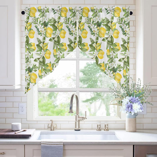 Lemon Swag Curtain Valance for Kitchen, Primitive Berries Light Filtering Rustic Farmhouse Short Swag Topper for Windows Bedroom Bathroom Privacy Added Rod Pocket Design, 28" Wx36 L-2 PCs