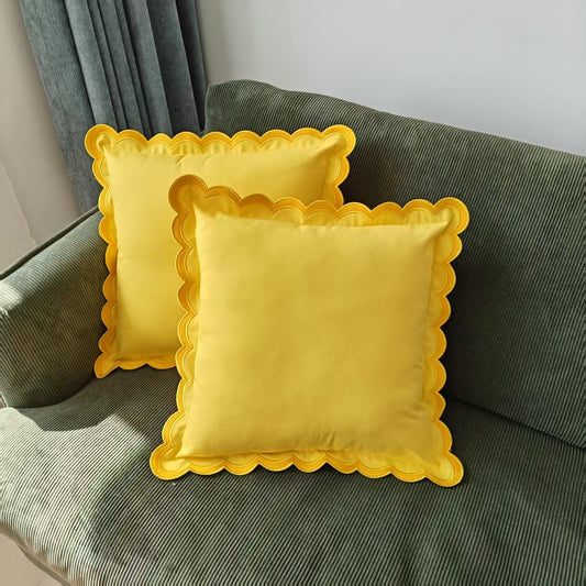 Scalloped Edge Embroidery Pillow Cover Set of 2 | Decorative Throw Pillow Covers | Boho-Chic Cushion Covers for Living Room (Yellow)