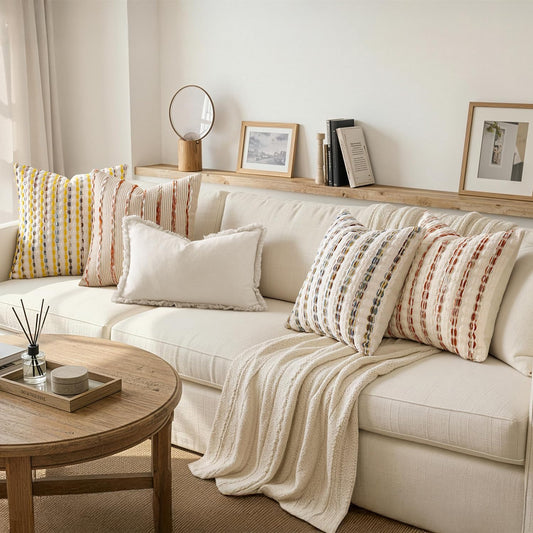ANRODUO Boho Chenille Textured Tufted Pillow Covers 20x20 Inch Set of 2 Woven Decorative Throw Pillow Covers with Raised Stripes Accent Neutral Pillowcase for Couch Sofa Bed Living Room, Yellow Cream
