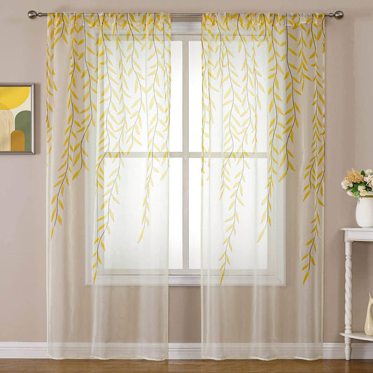 BROSHAN Yellow Sheer Window Curtains 2 Panels, Light Yellow Curtain Sheers Vine Leaves Pattern Voile Bedroom Curtains Rod Pocket Transparent Drapes for Living Room