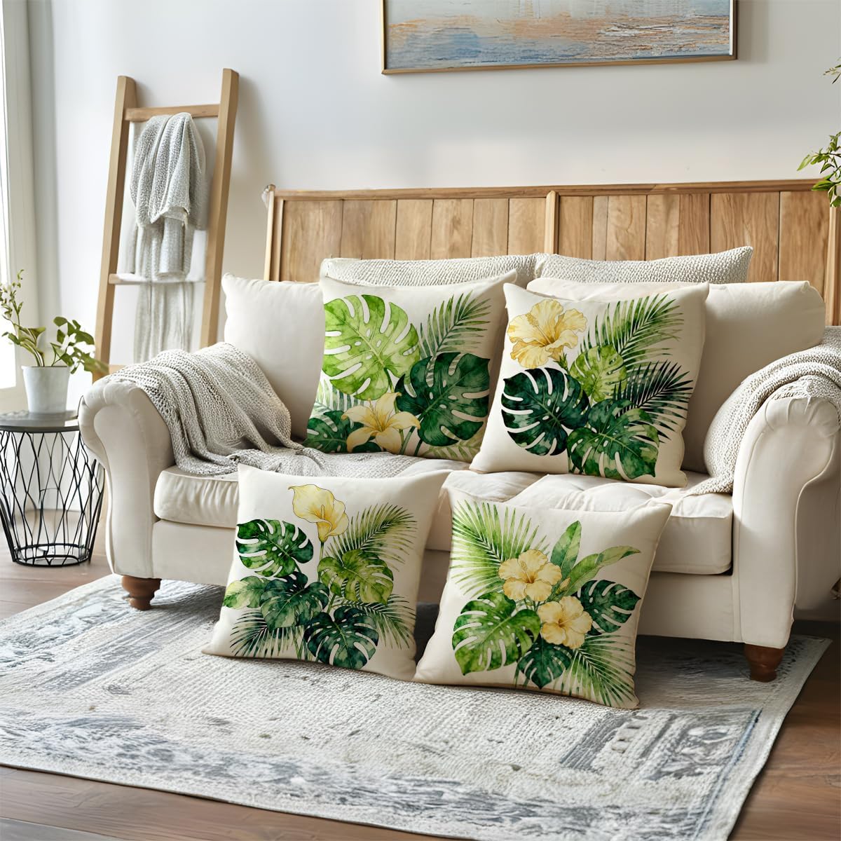 ULOVE LOVE YOURSELF Tropical Greenery Throw Pillow Covers 4Pack, Monstera Palm Floral Farmhouse Summer Decorative Pillowcases 18×18,Boho Botanical Cushion Covers for Porch Patio Decor(Green/Yellow)
