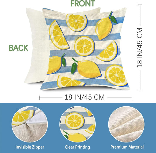 Lemon Theme Decorative Throw Pillow Covers 18 x 18 Set of 4, Italy La Dolce Vita Citrus Fruit Yellow Blue Plaid Stripes Porch Outdoor Home Decor, Summer Mediterranean Sofa Couch Cushion Case