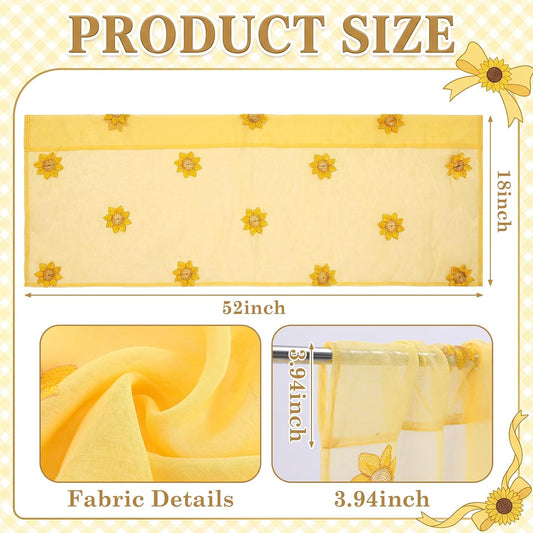 Tegeme 1 Panel Yellow Sunflowers Sheer Valances for Windows 52 x 18 Inch Embroidered Decorative Valances Curtain for Small Window Kitchen Bathroom Living Room Rod Pocket Voile Curtain Decor