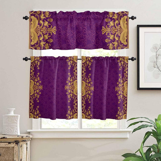 3 Piece Vintage Purple Kitchen Curtain Valance and Tiers Set Yellow Flower Lace Baroque Ethnic Style Rod Pocket Tier Curtain 36 Inch Small Window Drapes for Living Room Bedroom Cafe Home Decor
