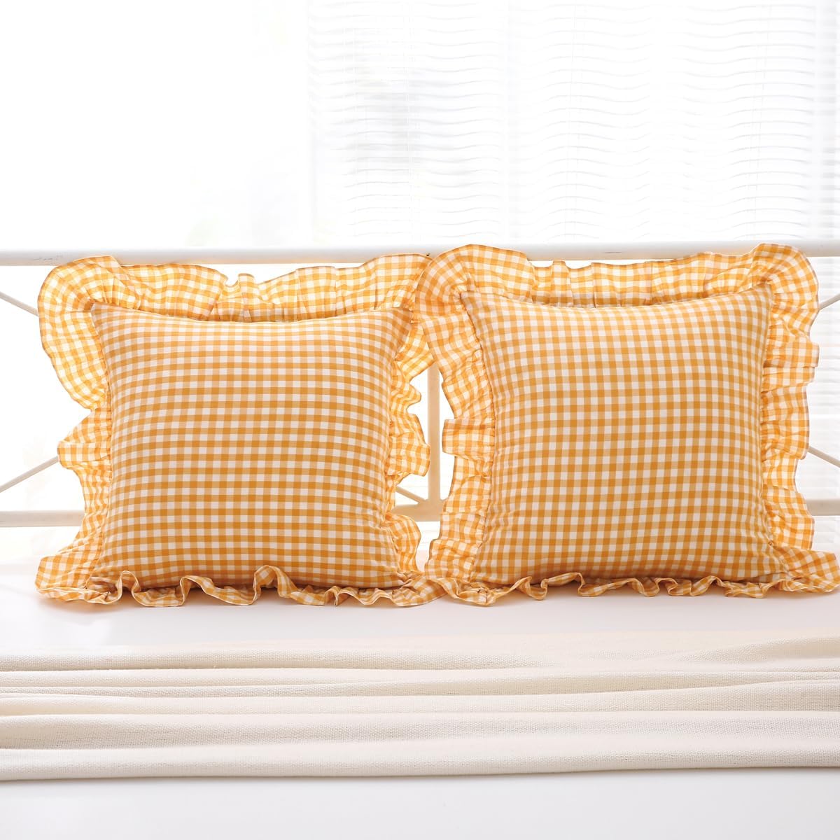 Mywinlle Yellow/White Plaid Ruffle Pillow Shams Throw Pillow Covers 20"x20", Checkered Washed Cotton Mustard Gingham Decorative Pillow Covers Shabby Pillowcases