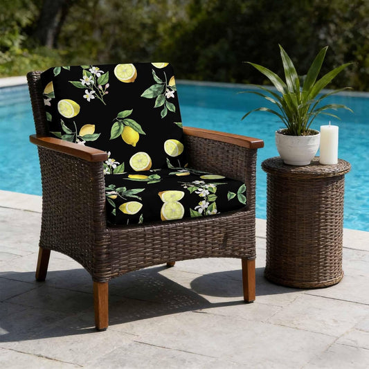 Yellow Lemon Summer Indoor/Outdoor Seat Cushions Cover, Farmhouse Tropical Fruit Black Waterproof Patio Chaise Lounge Cushion Cover for Beach Pool Side Chair Cushions 20''x18''x2pcs