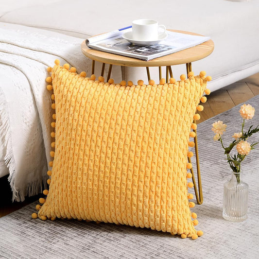 Fancy Homi Set of 2 Yellow Decorative Throw Pillow Covers 20x20 Inch with Pom-poms for Couch Bed Sofa, Modern Farmhouse Boho Spring Home Decor, Soft Plush Corduroy Cute Cushion Case 50x50 cm