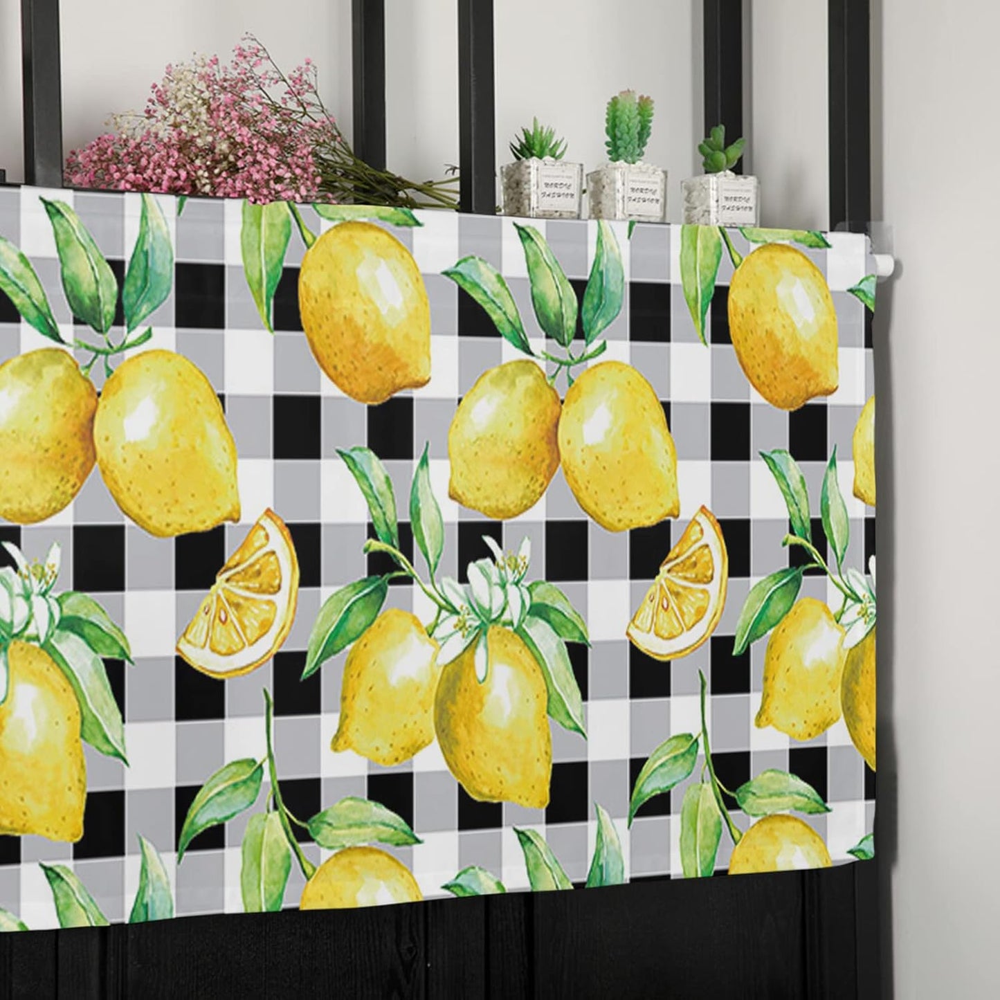 Lemon Curtains for Bedroom Living Room Watercolor Art Buffalo Plaid Roman Shades for Windows Farmhouse Curtains & Drapes Aesthetic Rod Pocket Valances for Kitchen Window Curtains Over Sink 1 Panel