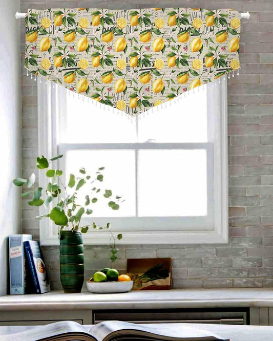 Beaded Sheer Valances for Windows, Summer Yellow Lemon Farmhouse Tassel Bead Trim Bedroom Valance, Beige Vintage Pastoral Watercolor Light Filtering Curtains Valances for Kitchen, 52"x24", 1 Panel