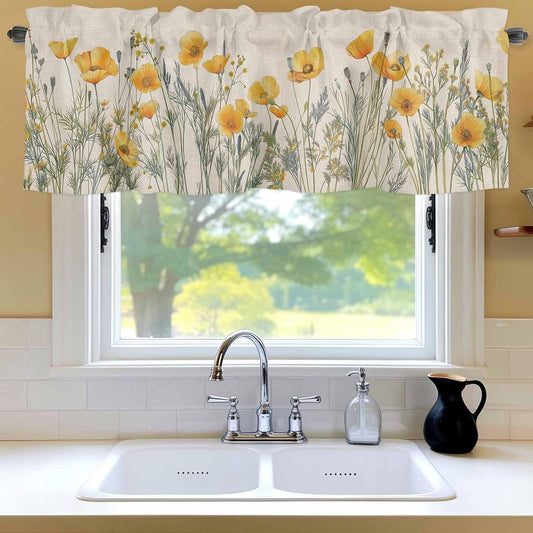 Minimalism Yellow Floral Valances for Windows, Watercolor Plants Linen Background Kitchen Valance Light Filtering Rod Pocket Short Curtains for Kitchen Bathroom, 1 Panel, 42"x18"
