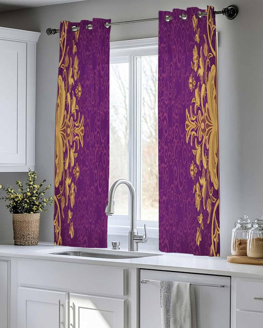 Vintage Purple Sheer Curtains 39 Inch Long 2 Panels, Yellow Flower Lace Baroque Ethnic Style Light Filtering Semi Sheer Drapes Grommet Voile Window Curtain for Living Bedroom W27.9 x L39