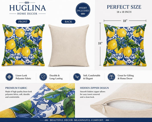 Lemon Throw Pillow, 18x18 Inch Decorative Pillow with Insert Included, Blue White Mediterranean Accent Pillow, Italian Coastal Farmhouse Home Decor Cushion for Sofa Couch Bed (LS-005)