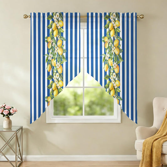 Blue Stripes Lemon Swag Curtains 36 Inch Length 2 Panels Set,Spring Fruit Flowers Leaves Line Semi-Sheer Curtain Drapes Rod Pocket Valance For Kitchen,Living Room,Bedroom,Bathroom Window 56"Wx36"L