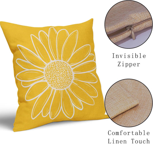 Spring Summer Daisy Flowers Pillow Covers 18X18 Inch Yellow Floral Bloom Decorative Pillow Cases Seasonal Modern Cotton Linen Throw Pillows Set of 2 Farmhouse Home Decor for Sofa Couch