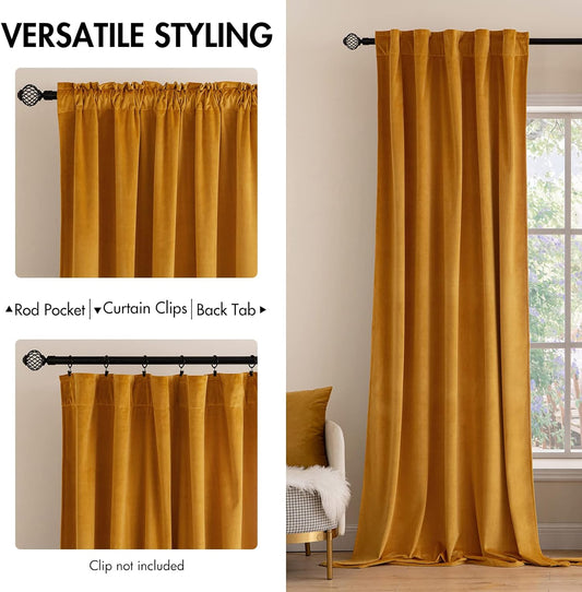 MIULEE Velvet Curtains 84 inches 2 Panels - Luxury Blackout Curtains for Bedroom Living Room Thermal Insulated Fall Decor Super Soft Window Drapes Rod Pocket & Back Tab, Mustard Yellow