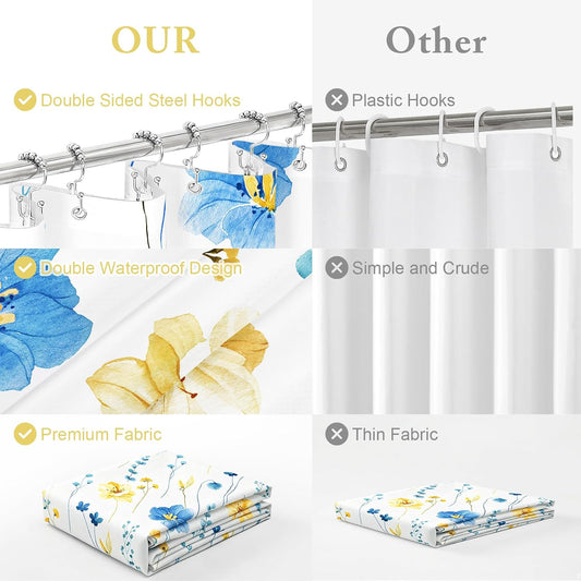 Gibelle Extra Long 3 in 1 Shower Curtain Set, Blue Yellow Watercolor Floral Bath Curtain and PEVA Liner Set with 12 Double Sided Steel Hooks, Waterproof Fabric Bathroom Curtain 72x84