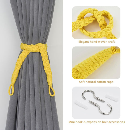 NICEEC 2 Pack Natural Cotton Rope Curtain Tiebacks Elegant Boho Style Decorative Drape Tie Backs Soft Hand-Woven Rope Curtain Holdbacks with Metal Hook for Home & Office Drapery (Yellow)