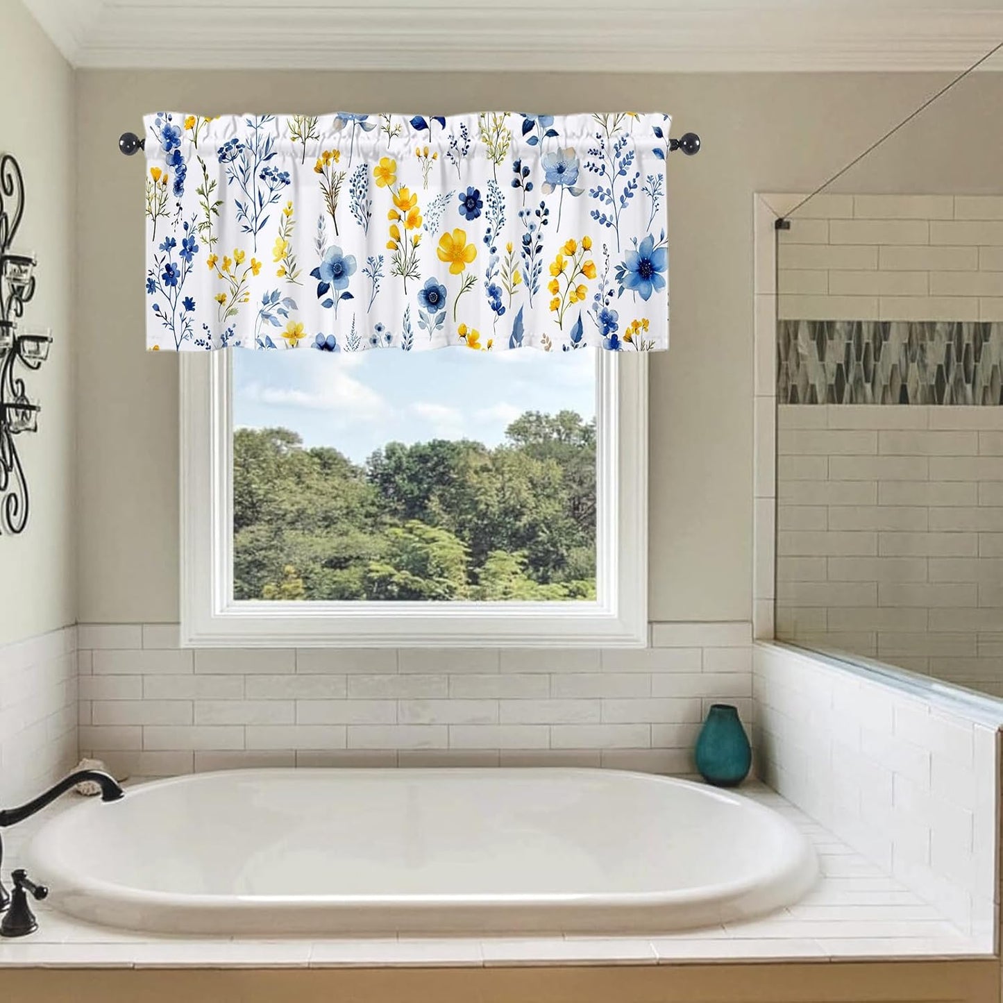 Yellow Blue Floral Valances 54" W x 18" L - Yellow Blue Flowers Kitchen Curtains Valance for Windows Rod Pocket Kitchen Decor Decorations