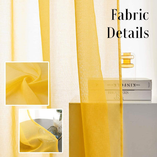 Butter Yellow Sheer Curtains 72 Inches Long Semi Faux Linen Yellow Sheers Curtain for Bedroom Living Room Girls Kids Room 2 Panels 52x72 Inch Length Gold