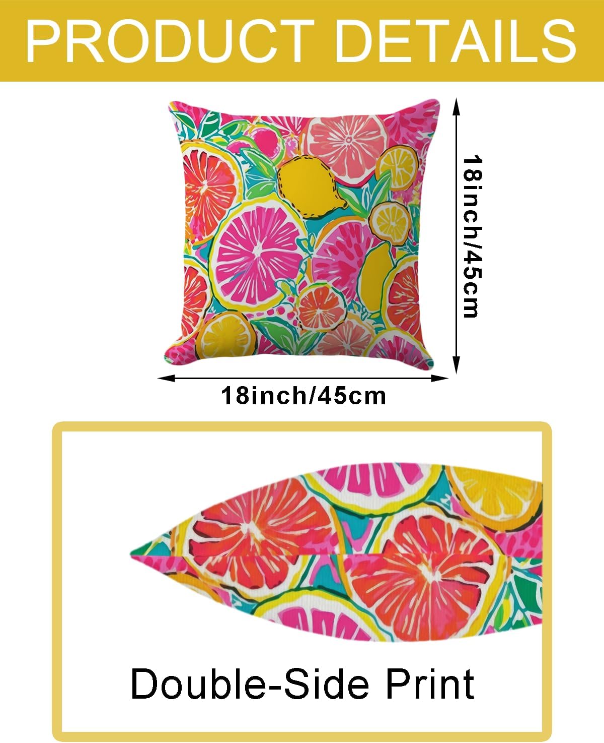 Summer Citrus Fruit Pillow Cover 18x18 Inch - Vibrant Lemon and Grapefruit Design, Tropical Decorative Cushion Case for Refreshing Home Decor
