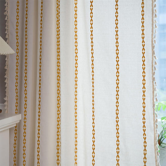 Deeprove Gold Yellow Boho Curtains 84 inches Long for Bedroom, Vintage Bohemian Embroidery Farmhouse Cotton Striped Linen Country Tassel Window Treatments Fall Thanksgiving Decor, W52 x L84, 1 Panel