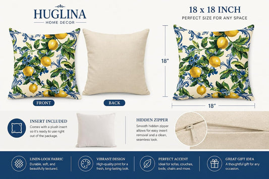 Lemon Throw Pillow, 18x18 Inch Decorative Pillow with Insert Included, Mediterranean Citrus Botanical Accent Pillow, Farmhouse Home Decor Cushion for Sofa Couch Bed (LS-008)