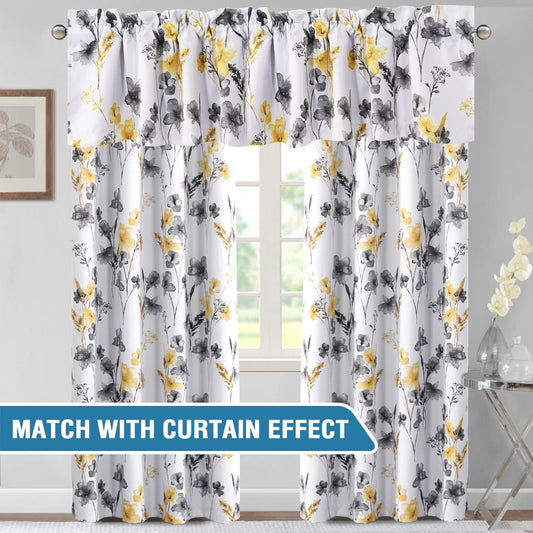 H.VERSAILTEX 100% Blackout Curtain Valances for Kitchen Windows 2 Panels Set Cattleya Floral Printed Leah Floral Thermal Insulated Rod Pocket Valances for Windows, 52" x 18", Grey/Yellow