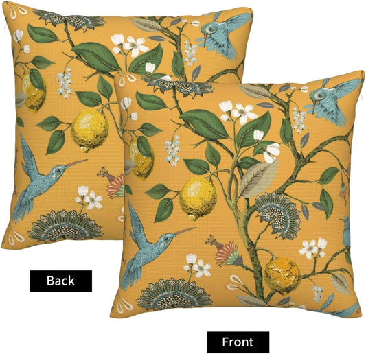 Mustard Yellow Floral Pillow Covers 18x18 Set of 2 Hummingbirds Throw Pillowcases Lemons Square Cushion Case for Couch Bed Sofa Chair Outdoor Home Decor