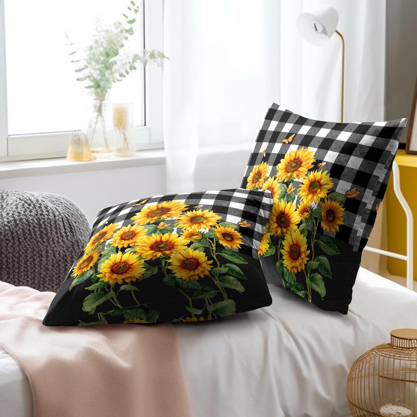Spring Summer Pillow Covers - Sunflower Throw Pillow Covers Pack of 2 Floral Pillowcases Buffalo Plaid Cushion Cover 18x18 for Couch Bench Sofa Yellow