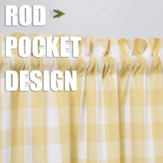 Yellow Buffalo Plaid Cafe Curtains Farmhouse Tiers Kitchen Curtain 24 Inches Long, Gingham Check Rod Pocket Half Window Short Drapes for Kitchens Bathroom, 28" x 24", Yellow/White, Set of 2