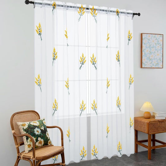 Floral Sheer Curtains Embroidered Lavender Patterned Semi-Sheer Curtain 84 Inches Long 2 Panels Rod Pocket Spring Voile Drapes for Living Room, Bedroom(W52 x L84 Inch, White&Yellow)