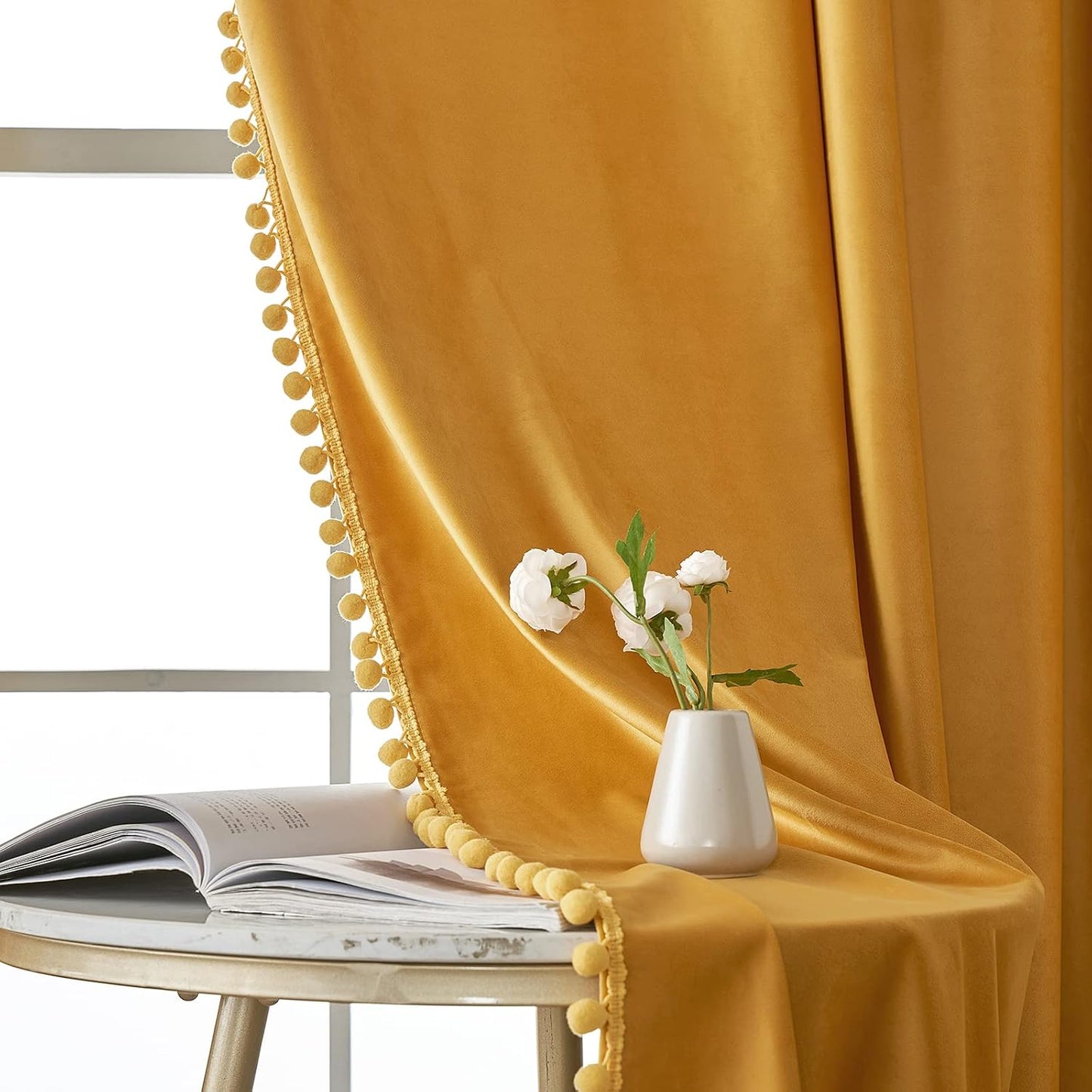MIULEE Mustard Yellow Pom Pom Velvet Curtains for Fall Bedroom/Living Room Darkening Thermal Insulating 96 Inches Long Blackout Curtains with Rod Pocket for Bedroom/Home Theater Set of 2